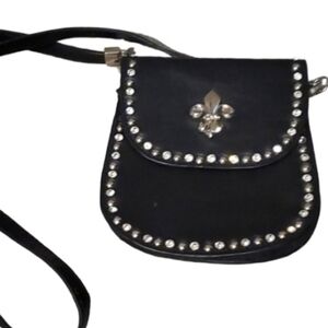 Black Genuine Leather Crossbody Bag Rhinestone Accents & Fleur-De-Lis Detail